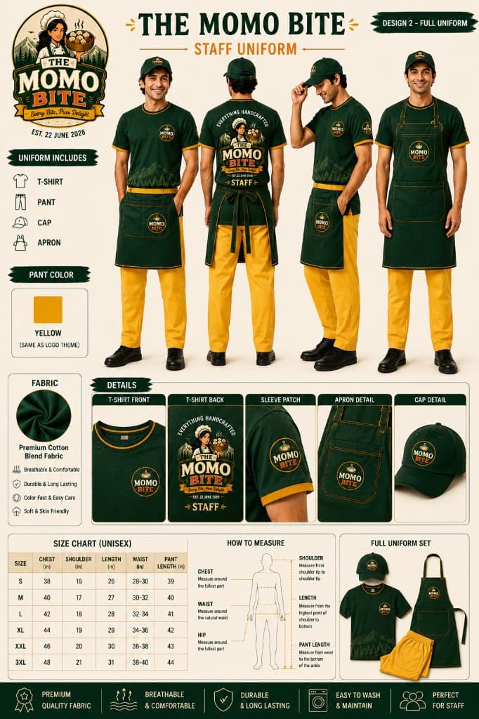 The Momo Bite official Design 2 full uniform — dark green tee, yellow pants, green cap and apron
